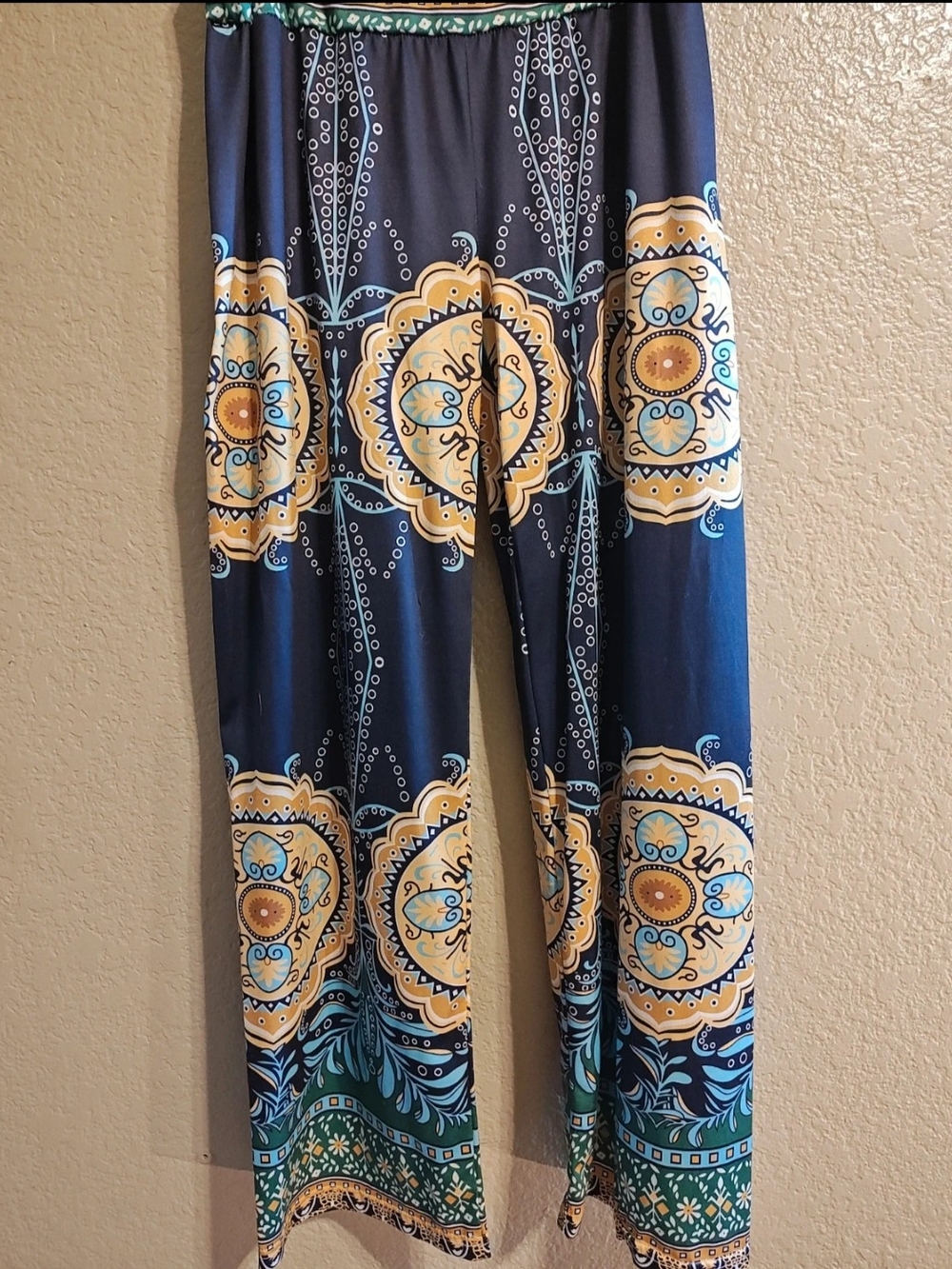 Navy Printed Wide-Leg Jumpsuit Pants with Medallion Motif
